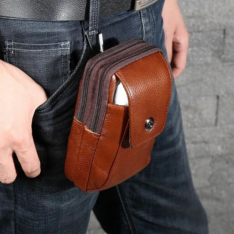 Men Genuine Leather Retro Business Waterproof Hanging 6.3 Inch Phone Bag Waist