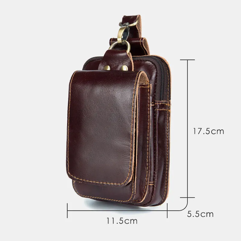 Men Genuine Leather Zipper Hasp Large Capacity Vintage 6.5 Inch Phone Bag Waist Bag