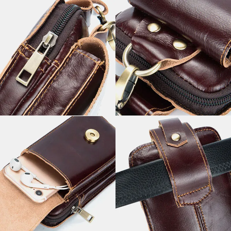 Men Genuine Leather Zipper Hasp Large Capacity Vintage 6.5 Inch Phone Bag Waist Bag