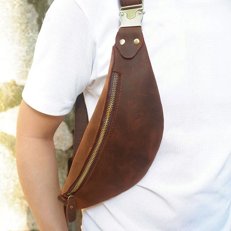 Men Retro Genuine Leather Zipper Chest Bag Outdoor Sport Phone Waist Shoulder Crossbody Bags