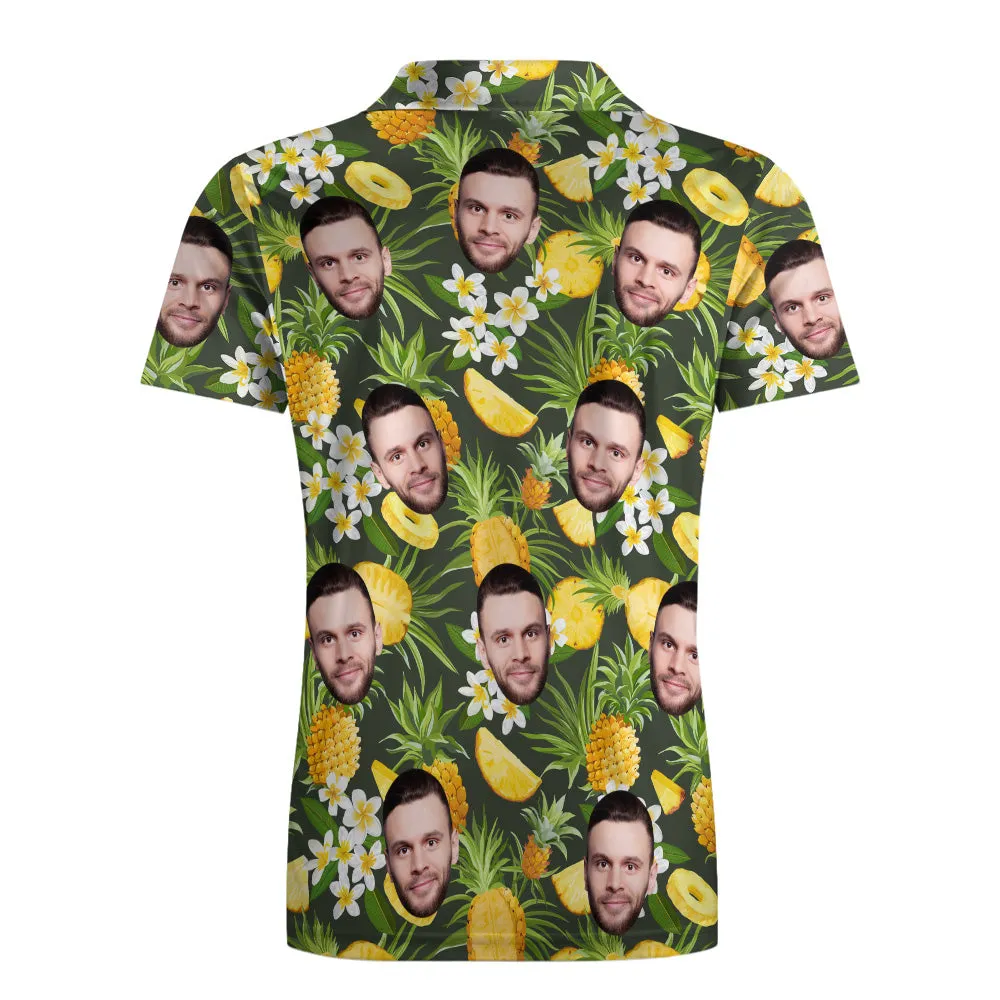 Men's Custom Face Polo Shirt Personalised Hawaiian Golf Shirts - Pineapple and Flowers