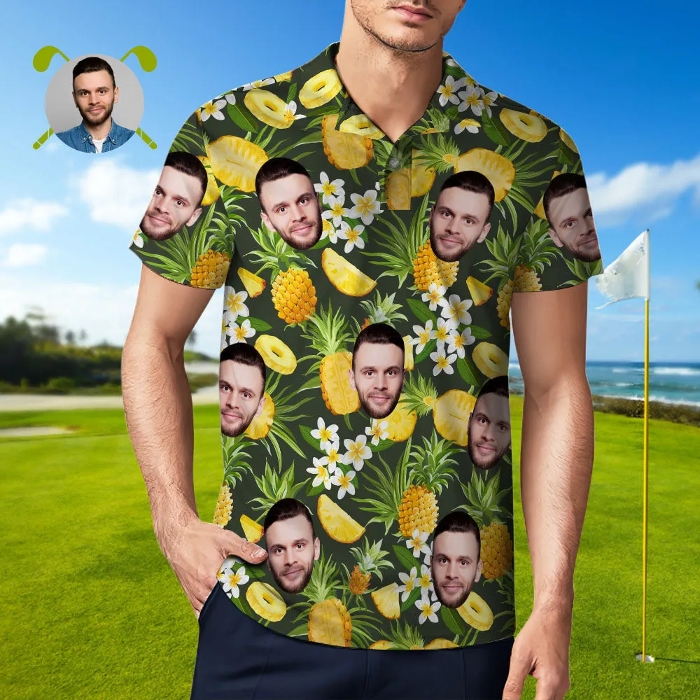 Men's Custom Face Polo Shirt Personalised Hawaiian Golf Shirts - Pineapple and Flowers