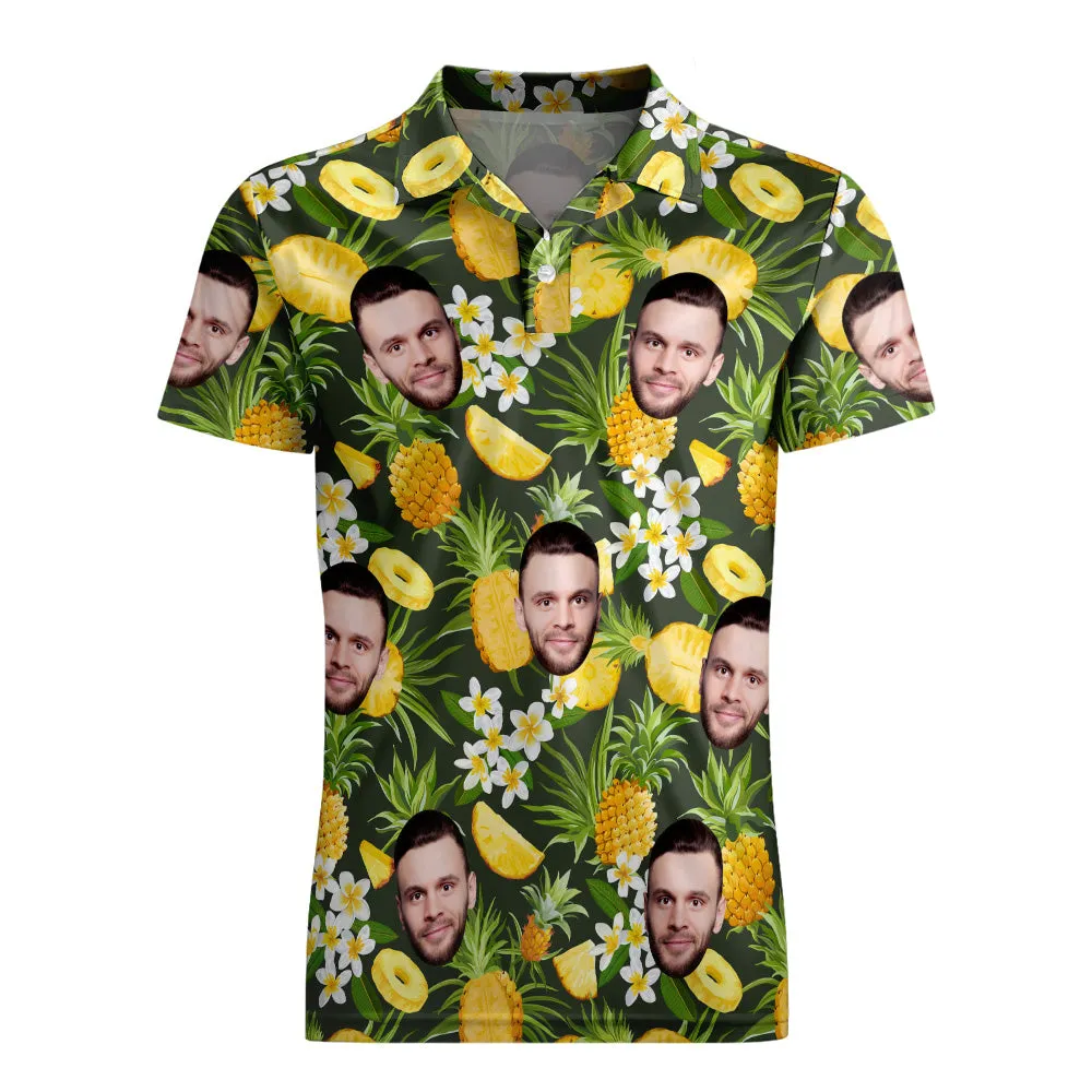 Men's Custom Face Polo Shirt Personalised Hawaiian Golf Shirts - Pineapple and Flowers