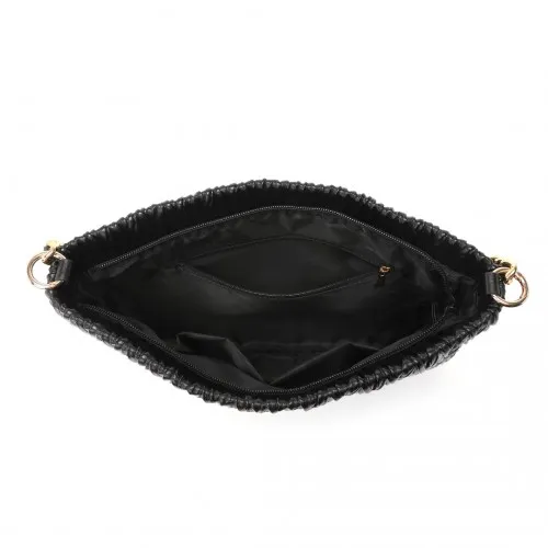 Miss Lulu Sophisticated Embossed PU Leather Commuter Shoulder Bag - Black with Chain Strap