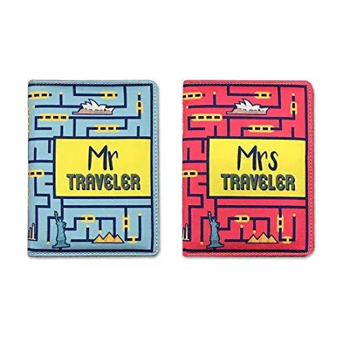 Passport Cover for Couple Leather Travel Wallet Case- Mr Mrs Traveller