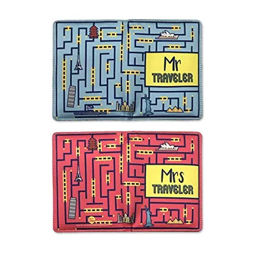 Passport Cover for Couple Leather Travel Wallet Case- Mr Mrs Traveller