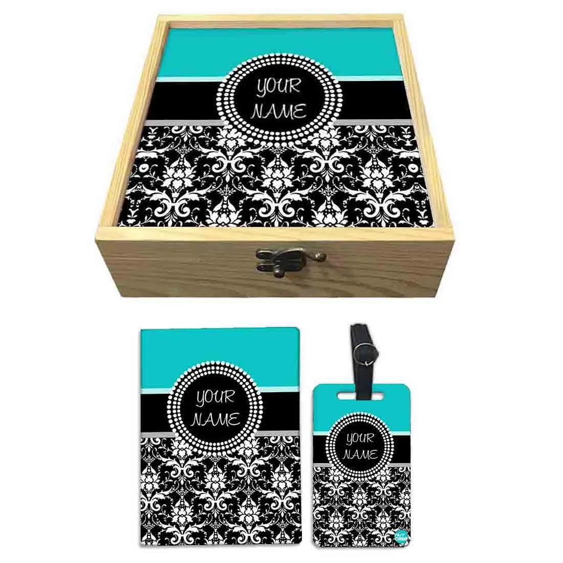 Personalized Passport Cover Combo - Damask Blue