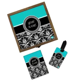 Personalized Passport Cover Combo - Damask Blue