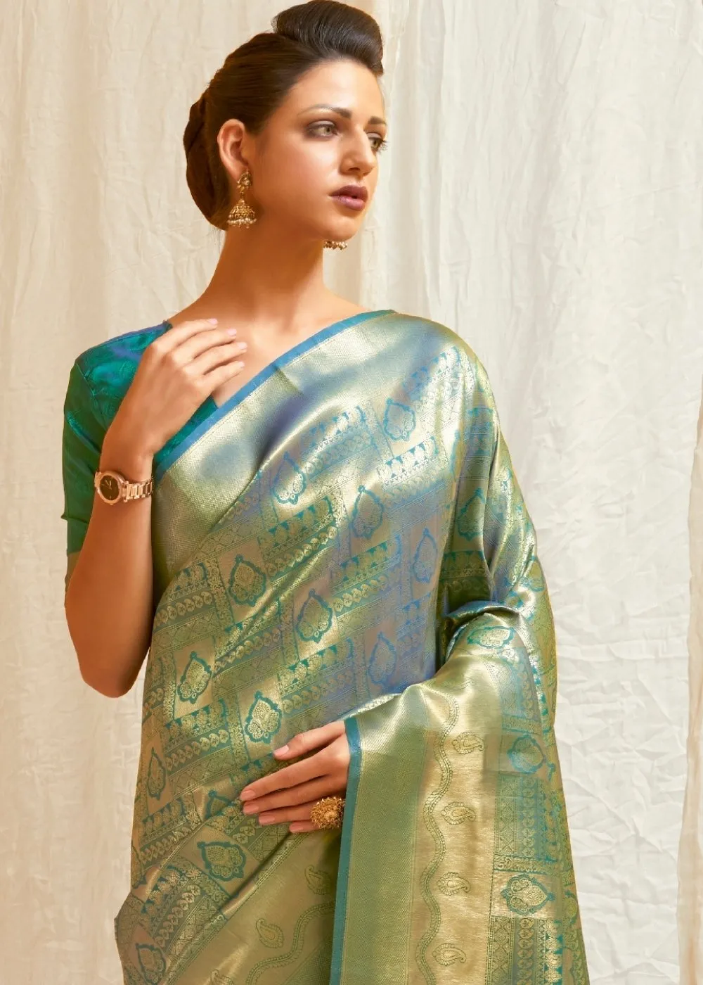 Pine Green & Golden Blend Kanjivaram Silk Saree