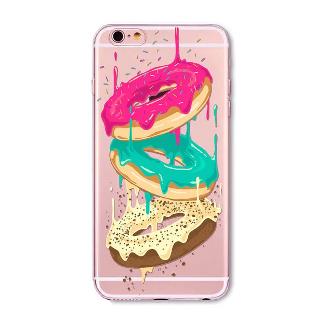 Rainbow Color Food Donuts Macaron Phone Cases For iphone 6 6S 5 5S SE 7 8 Pizza Transparent Soft