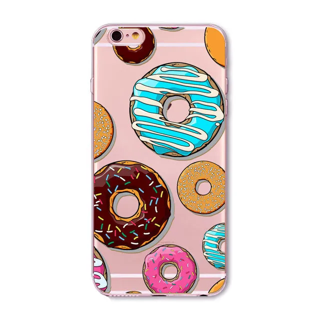 Rainbow Color Food Donuts Macaron Phone Cases For iphone 6 6S 5 5S SE 7 8 Pizza Transparent Soft