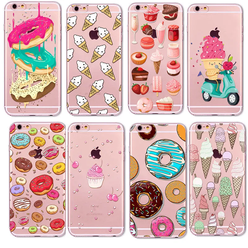 Rainbow Color Food Donuts Macaron Phone Cases For iphone 6 6S 5 5S SE 7 8 Pizza Transparent Soft