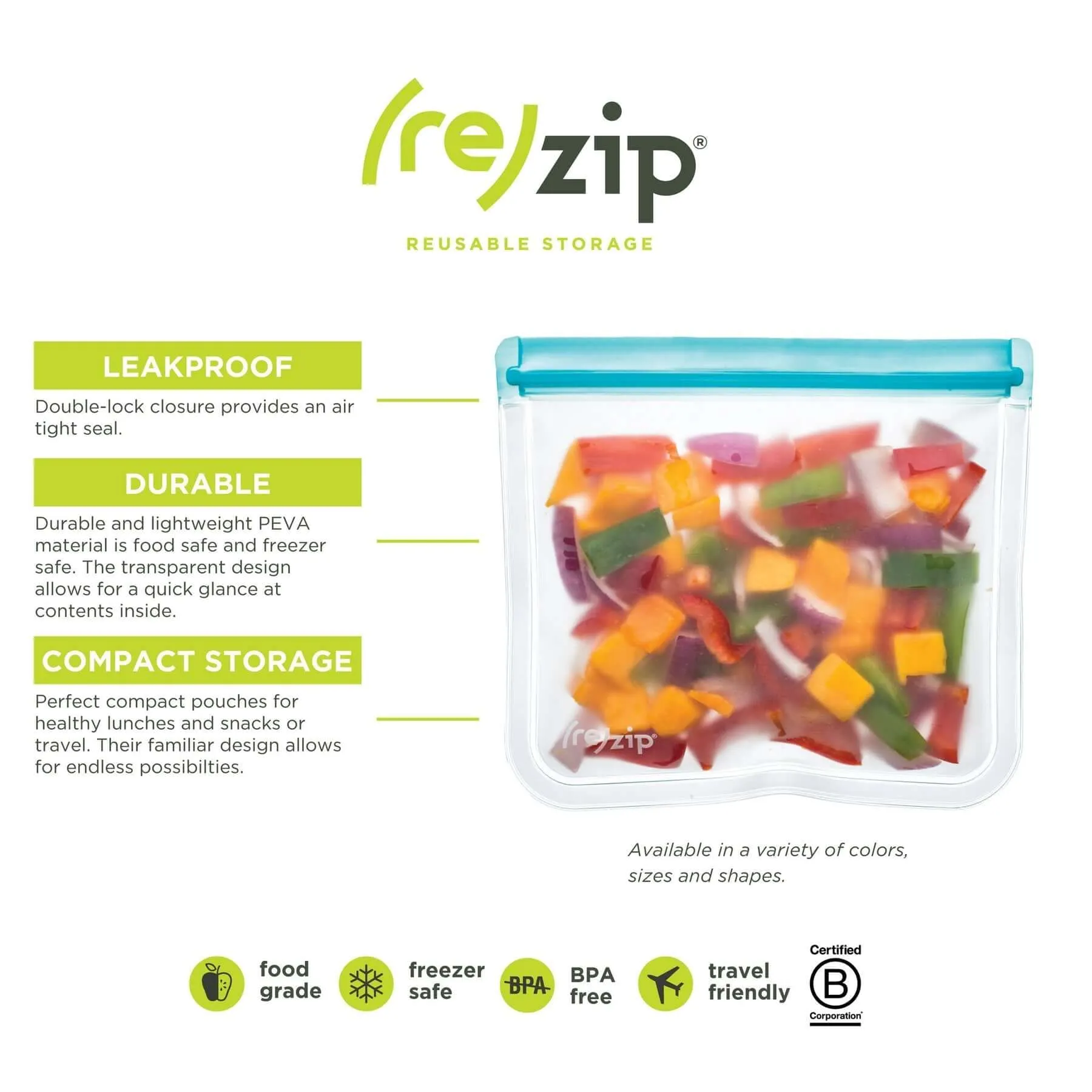 Rezip Lay-Flat Lunch Leakproof Reusable Storage Bag 5-pack