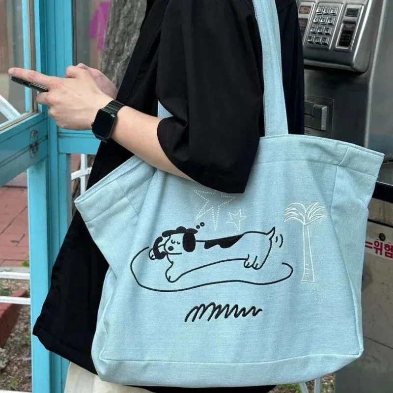 TAVIMART  -  Casual All Match Travel Denim Handbags Cartoon Fashion Dog Embroidery Shoulder Underarm Bag Women Shopping Y2k Trendy Tote Bags