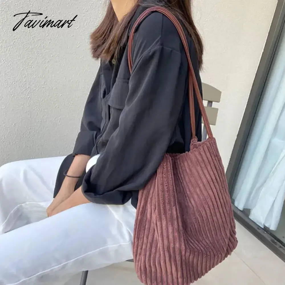 Tavimart Women Bucket Tote Shopping Bag Ladies Cotton Cloth Shoulder Bags Pleated Retro Corduroy Trendy Handbags Magnetic Buckle