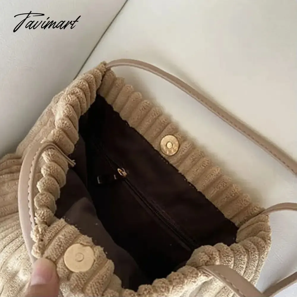 Tavimart Women Bucket Tote Shopping Bag Ladies Cotton Cloth Shoulder Bags Pleated Retro Corduroy Trendy Handbags Magnetic Buckle