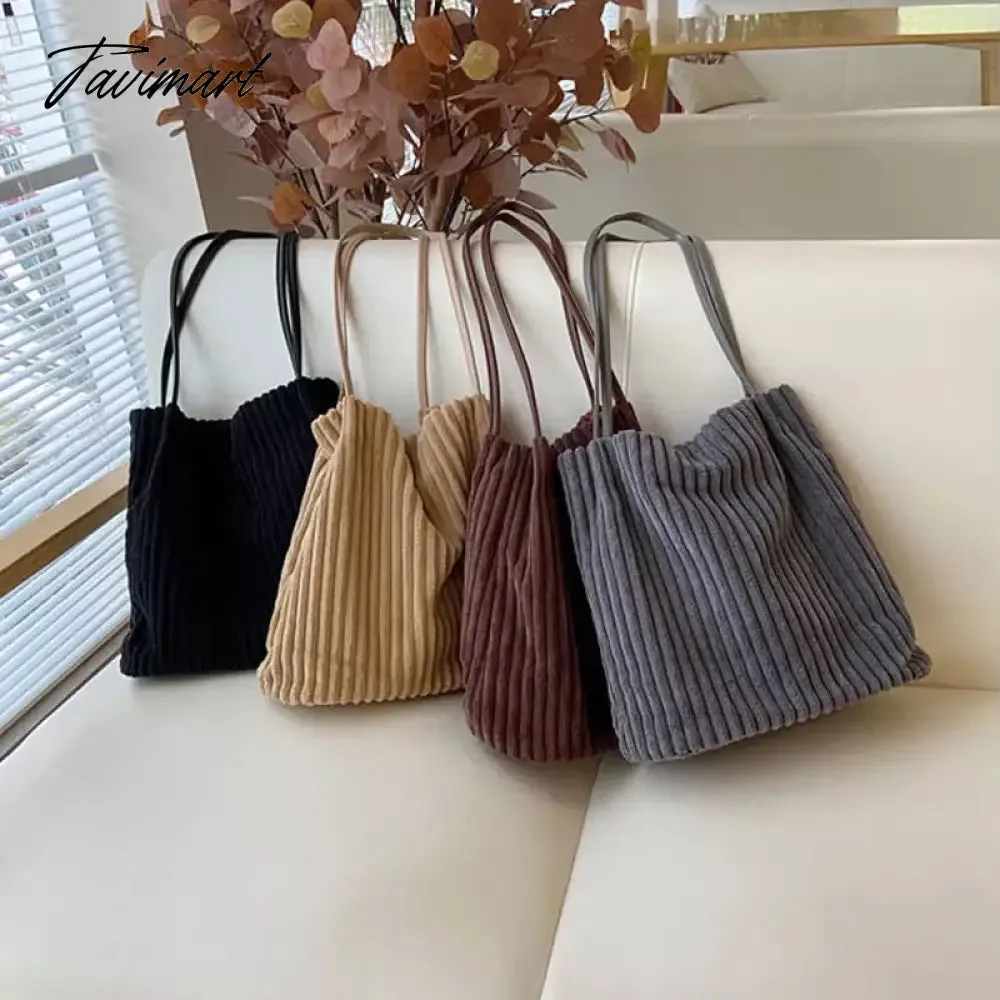 Tavimart Women Bucket Tote Shopping Bag Ladies Cotton Cloth Shoulder Bags Pleated Retro Corduroy Trendy Handbags Magnetic Buckle