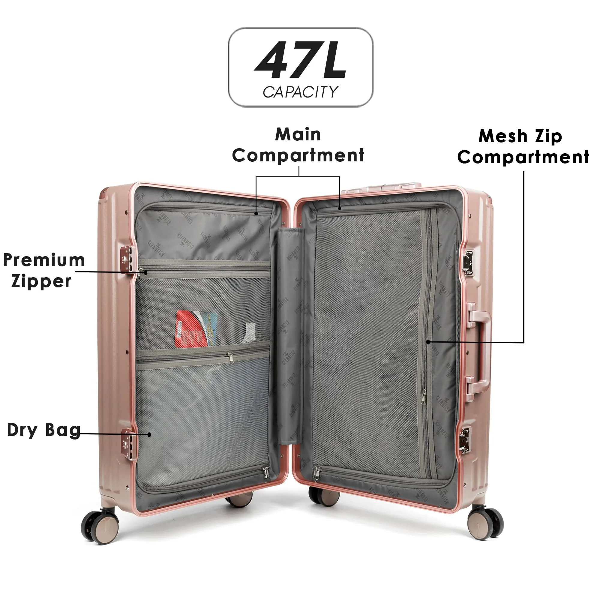 THE CLOWNFISH Stark Series Luggage PolyCarbonate Hard Case Suitcase Eight Wheel Trolley Bag with Double TSA Locks- Blush Pink (Medium size, 67 cm-26 inch)