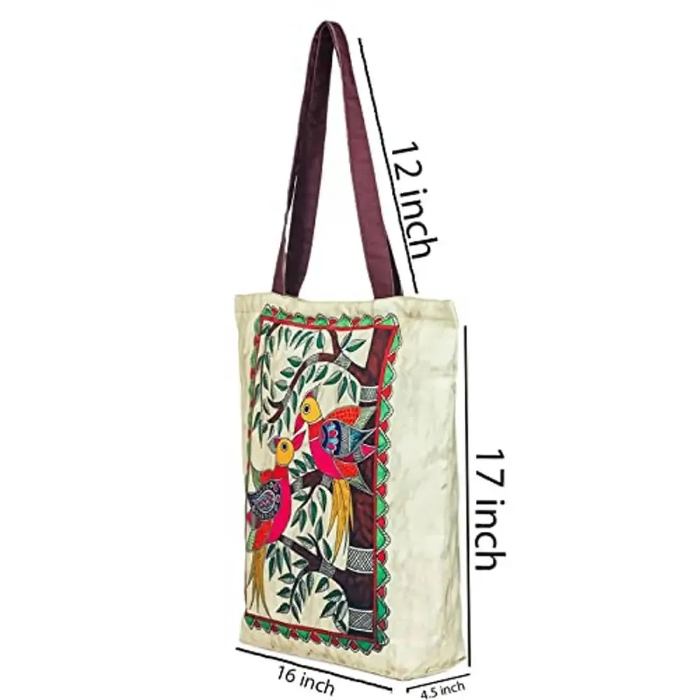 Tikuli Polyester Durable Canvas Large Size Printed Tote Bag for Women with ZIP (Beige-Multicolor)