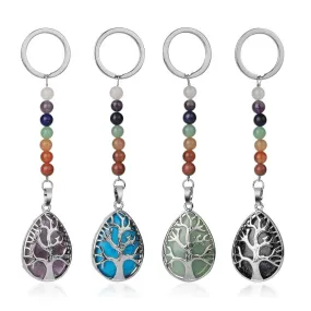 Tree of Life Keychain 7 Chakra Water Drop Natural Stone Key Holder Women Men Car Bag Keyring