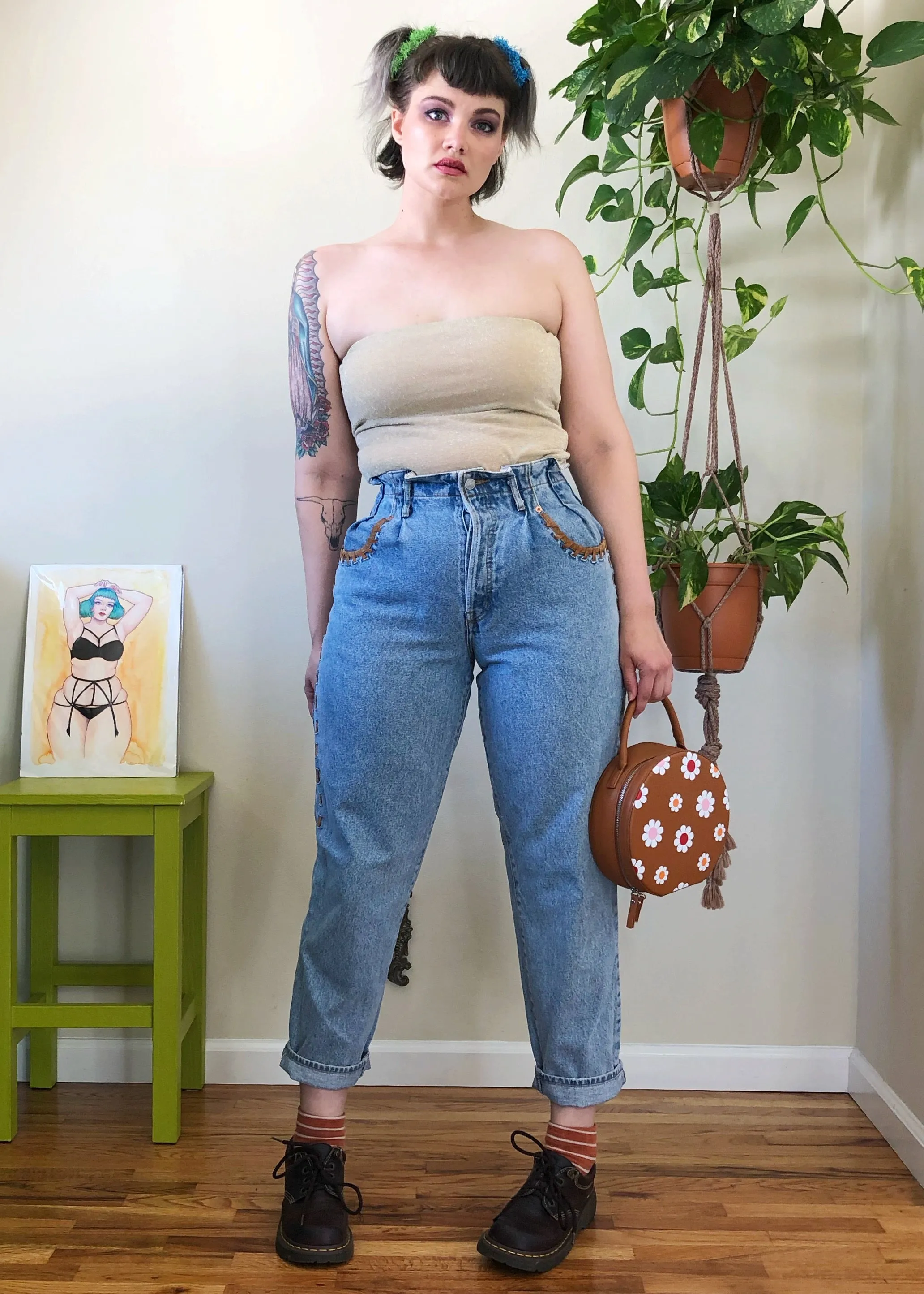 Vintage Paper Bag Waist Suede Detailed Mom Jeans - L