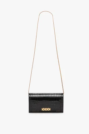 Wallet On Chain In Black Croc Embossed Leather