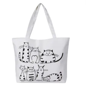 Women Canvas Handbag cartoon Cat Printed Shoulder bag Female Large Capacity Ladies Beach Bag Women Canvas Tote Shopping Handbags