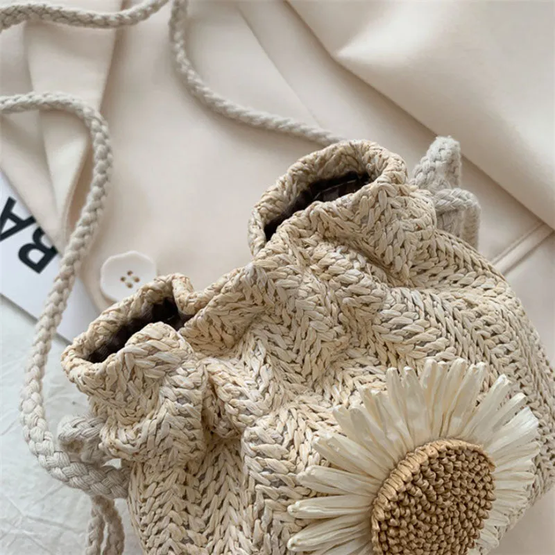 Women Fashion Drawstring Sunflower Straw Bag Shoulder Bag