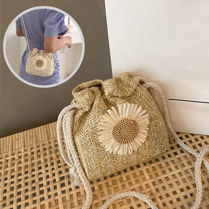 Women Fashion Drawstring Sunflower Straw Bag Shoulder Bag