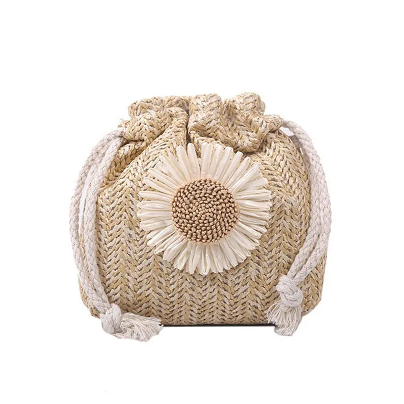 Women Fashion Drawstring Sunflower Straw Bag Shoulder Bag