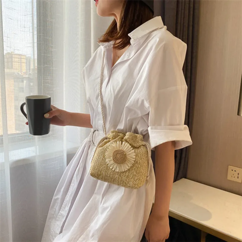 Women Fashion Drawstring Sunflower Straw Bag Shoulder Bag